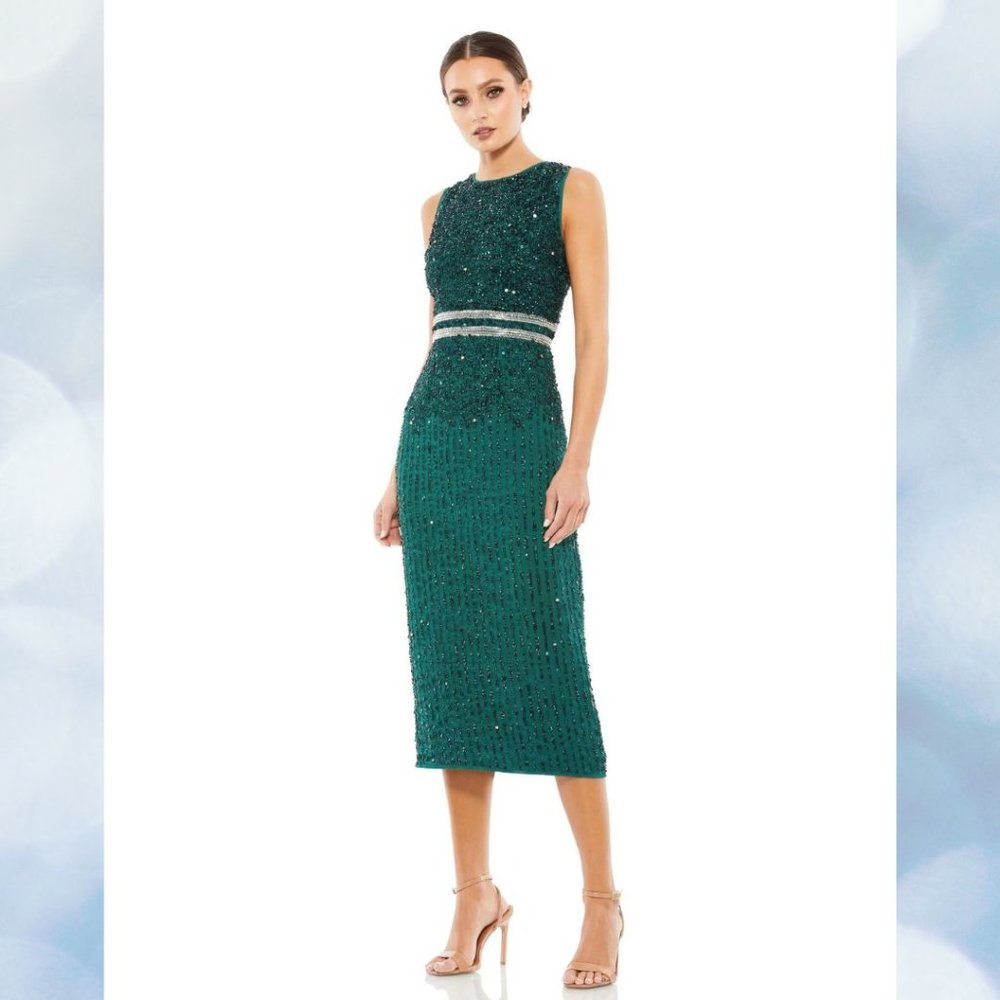 Mac Duggal Sleeveless High Neck Beaded Midi Sheath Dress - Deep Emerald